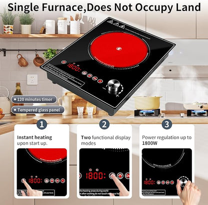 Single Burner Electric Cooktop, 1800W Electric Stove Top，portable cooktop with LED Touch Control,10Power Levels, 4H Timer, Safety Lock, single burner cooktop Overheat protection