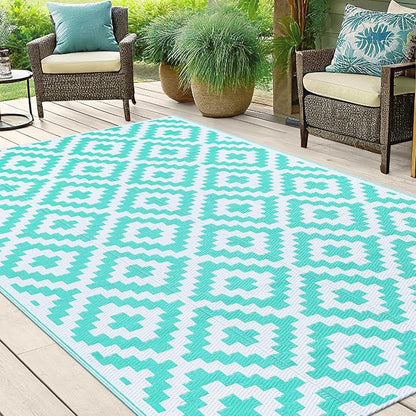 Smiry Outdoor Rug 5x8 ft Waterproof Reversible Boho Mat, White & Teal | Polypropylene Plastic Straw, Quick Drying, Lightweight Foldable, for Patio, Deck, RV Camping, Backyard and Indoor Outdoor Use