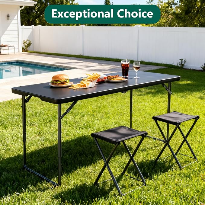 Folding Table, 4FT Foldable Picnic Table with Adjustable Height, Heavy Duty Fold-in-Half Portable Table for Weddings, Camping, RV Travel, Parties, BBQs, and Indoor Use, Easy to Fold and Store