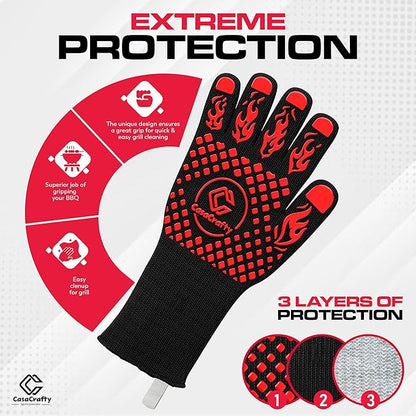 PRO-Series BBQ Gloves - Extreme Heat Resistant 1472°F | EN407 Certified Fireproof/Heatproof Grill Mitts with Silicone Grip | 13” Long for Grilling, Baking, Cooking, Camping & Welding by CASACRAFTY