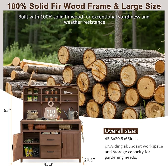 Merax 45.3" Large Outdoor Fir Wood Potting Bench with Storage, Multi-Functional Patio Kitchen Island with 6-Shelf Hutch+2 Cabinets+2 Drawers+3 Hooks, Garden Workstation for Planting, Gardening, Brown