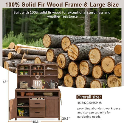 Merax 45.3" Large Outdoor Fir Wood Potting Bench with Storage, Multi-Functional Patio Kitchen Island with 6-Shelf Hutch+2 Cabinets+2 Drawers+3 Hooks, Garden Workstation for Planting, Gardening, Brown