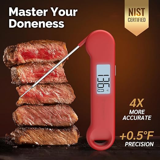 0.5 Sec Instant Read Grill Meat Thermometer Digital Food Cooking BBQ, Red | ±0.5°F Precision, Auto Flip Digital LCD Display, Ideal For Meat, Candy, Grill, BBQ, Food Thermometer for Kitchen Gadgets