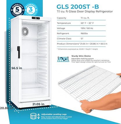GRS Commercial Display Refrigerator, Glass Door Lock, Silver, 7.1 Cu. Ft