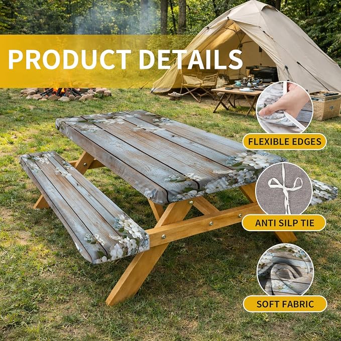 Picnic Table Cover with Bench Covers, 72 X 30 Inch Elastic Fitted Camping Tablecloth with Strap Design for 6FT Rectangle Tables, Windproof Outdoor Tablecloth Set with Storage Bag