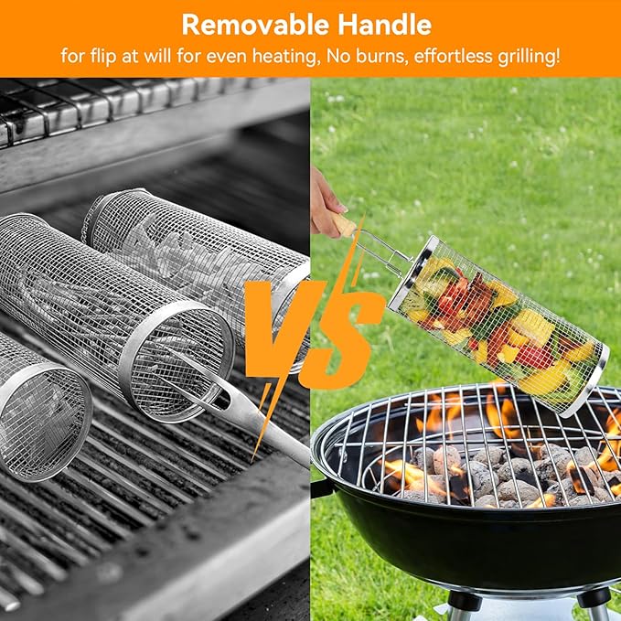 Rolling Grill Baskets 2PCS, 304 Stainless Steel Grill Basket with Removable Wooden Handle, Portable BBQ Grilling Basket for Fish Vegetables Shrimp, Outdoor Barbecue Accessories - Ideal Gifts for Men Dad Husband