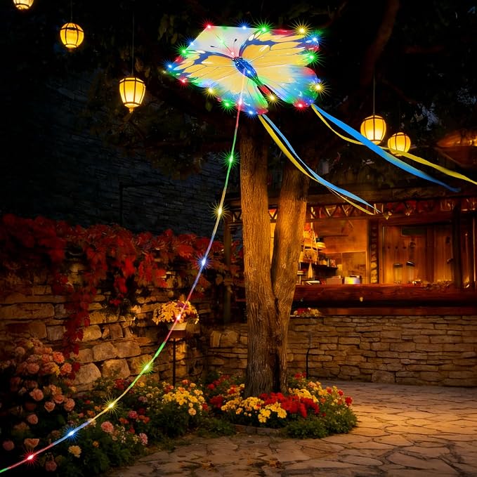 Toodour Solar Butterfly Lights Outdoor, 2.9Ft 174 LED Waterproof Kite Butterfly Garden Decor, 8 Modes Multicolor Solar Garden Lights for Home Yard Patio Camping Decor- Blue & Yellow Butterfly