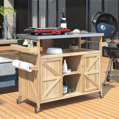 50.25" Kitchen Island Rolling Bar Cart & Storage Cabinet, Farmhouse Solid Wood Outdoor Grill Table with Stainless Steel Top and Spice, Towel Rack for BBQ,Natural