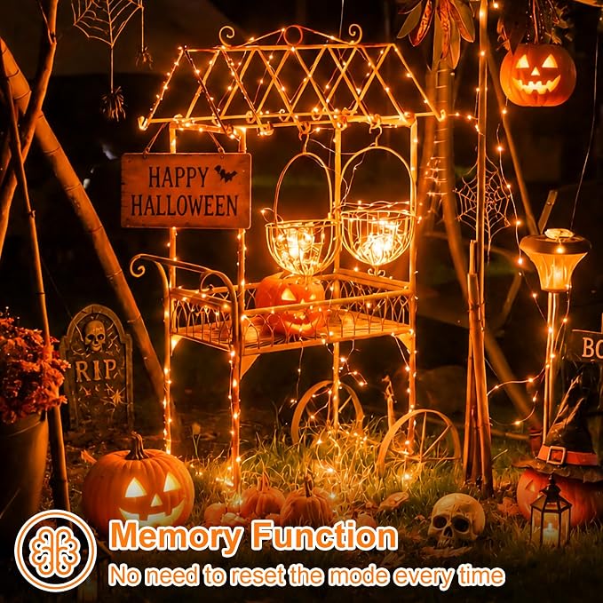 QITONG Solar Halloween Fairy Lights, 2 Pack Each 66ft 200 LED Orange Fairy Lights Outdoor with 8 Modes, Silver Wire Christmas Lights for Fall Thanksgiving Decor