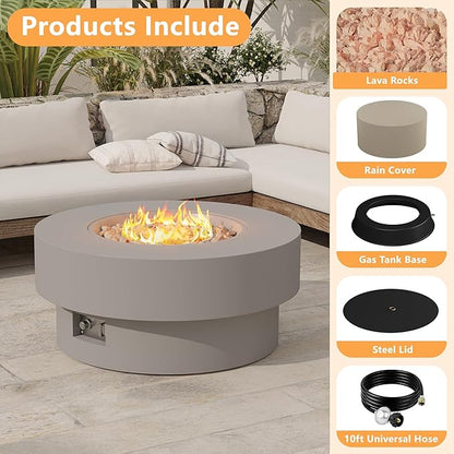 32 inch Outdoor Propane Fire Table, Round Patio Fire Pit Table, 50,000 BTU Gas FirePit with Lid, Cover, Lava Rocks, CSA Certified, Grey