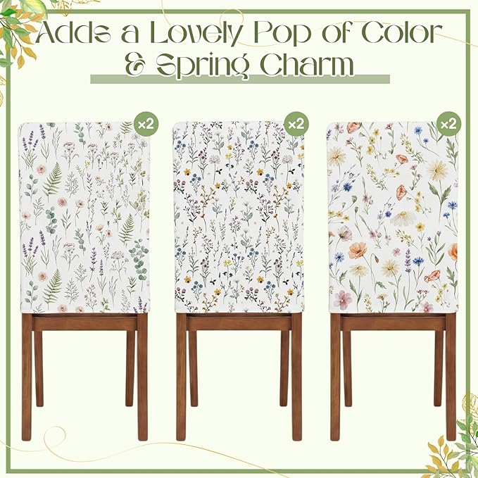 7 Pcs Wildflower Tablecloth and Chair Covers Set 60 x 84 Inch Summer Rectangle Washable Table Cover and Stretchable Seat Slipcovers for Home Dining Room Camping Wedding Party