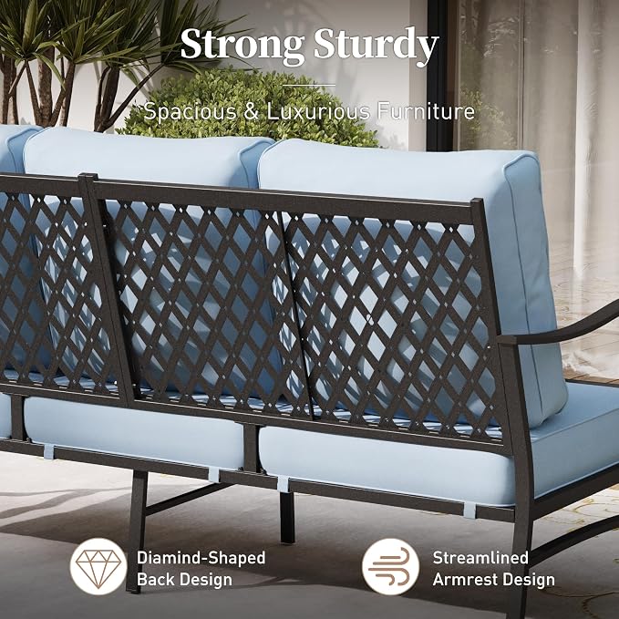 SUNSHINE VALLEY Metal Patio Furniture Sofa with 5.75" Extra Thick Waterproof Cushion, 3-Seater Deep Seating & High-Back Outdoor Couch All Weather Outdoor Seating for Backyard Deck Front Porch, Blue