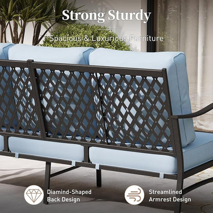 SUNSHINE VALLEY Metal Patio Furniture Sofa with 5.75" Extra Thick Waterproof Cushion, 3-Seater Deep Seating & High-Back Outdoor Couch All Weather Outdoor Seating for Backyard Deck Front Porch, Blue