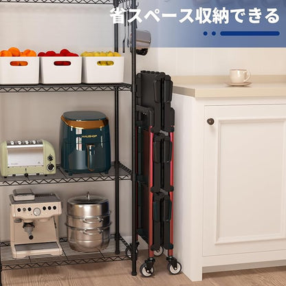 WORKPRO 3-Tier Collapsible Utility Cart, 210 LBS Cart with Wheels | No Assembly Required, Foldable Service Cart with Spacious Shelves for Garage, Warehouse, Office & Home Use, Black/Red