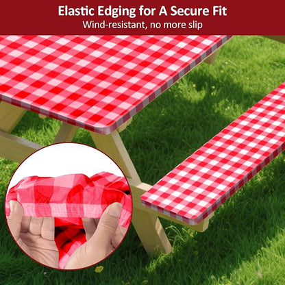 7ft 84in Picnic Table and Bench Cover, 3 Pack, Red-White Checkered | Drawstring Bag, Waterproof Windproof, Elastic Fitted Edges Tablecloth, for Rectangle Table & Seat, Camping Essentials RV Gear