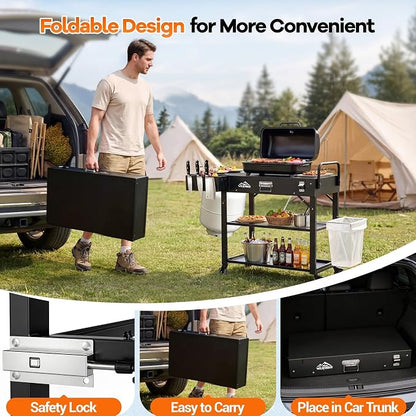 Grill Cart for Blackstone Griddle, Outdoor Grill Table Foldable for Ninja | Folding Pizza Oven Stand Grill Stand Fit 17 or 22 Inch Tabletop Griddle, Portable BBQ Prep Station with Tool Hooks & Wheels