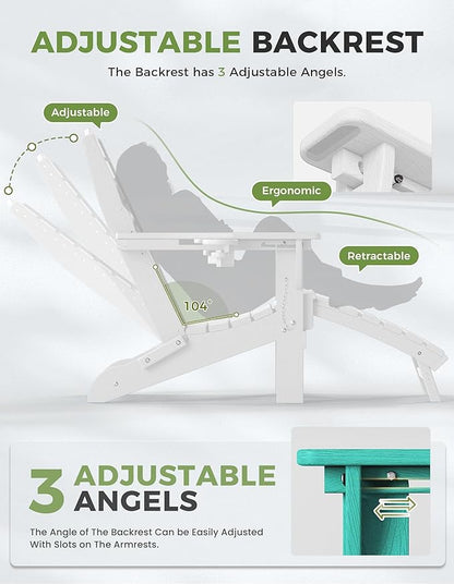 Ciokea Folding Adirondack Chair Set of 6 with Retractable Ottoman Fire Pit Patio Chair with Pull Out Foot Rest Weather Resistant Lawn Outdoor Chair with 2 Cup Holder (White)