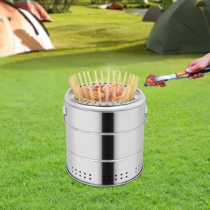 Stainless Steel Smokeless Barbecue Surround Charcoal Grill, Large Portable Barbecue Charcoal Barrel Grill with 30 Skewer, For Camping, Picnics & Backyard Cooking