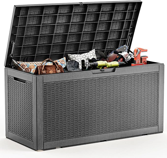 PatioZen 120 Gallon Deck Box,Resin Outdoor Storage Box with Lockable for Patio Furniture, Pool Accessories, Garden Tools Waterproof Outside Storage Box (Black)