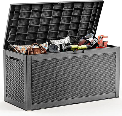 ROJIK 120 Gallon Deck Box Outdoor, Waterproof Outdoor Storage Boxes with Lids, Outside Resin Lockable Storage Box for Patio Cushions, Garden Tools(Black)