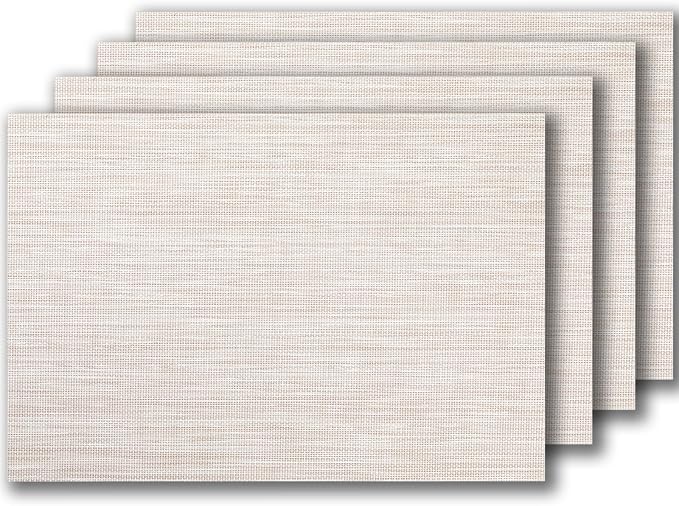 LEXMORE Placemats Set of 4 Vinyl/Plastic Woven Place Mats for Kitchen Table Indoor/Outdoor Washable Placemat Wipeable Dining Table Mats(Beige White)