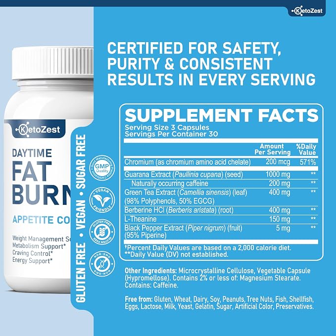 Fat Burner Appetite Suppressant for Weight Loss - Daytime Men Women Natural Thermogenic Fat Burning Diet Pills with Green Tea Caffeine - Curb Hunger Appetite Control Belly Fat Burn Support