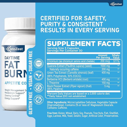Fat Burner Appetite Suppressant for Weight Loss - Daytime Men Women Natural Thermogenic Fat Burning Diet Pills with Green Tea Caffeine - Curb Hunger Appetite Control Belly Fat Burn Support