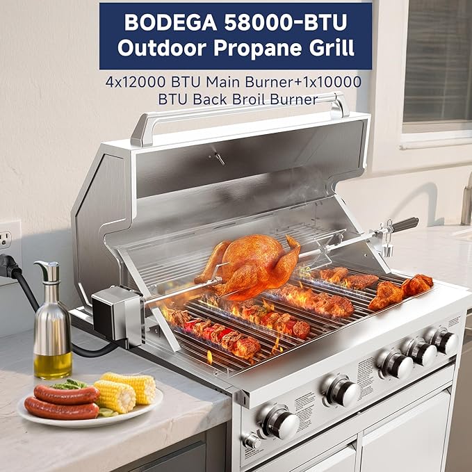 BODEGA Gas Grill Built-In Head, 30-Inch 5-Burner Propane Grill, LP Gas & Natural Gas Convertible, Heavy Duty 304 Stainless Steel 58000-BTUs BBQ Island Kitchen Gas Grill Outdoor Cooking.