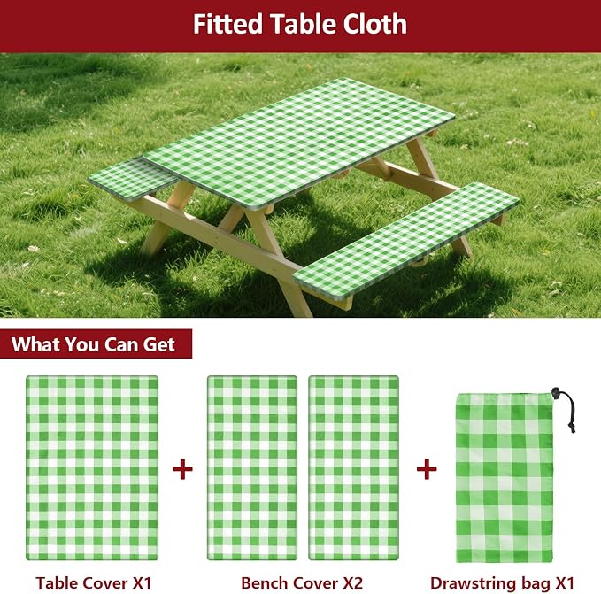 6ft 72" Picnic Table and Bench Cover, 3 Pack, Green-White Checkered | Drawstring Bag, Waterproof Windproof, Elastic Fitted Edges Tablecloth, for Rectangle Table & Seat, Camping Essentials RV Gear