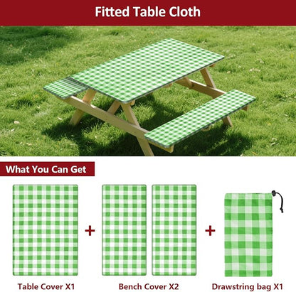 6ft 72" Picnic Table and Bench Cover, 3 Pack, Green-White Checkered | Drawstring Bag, Waterproof Windproof, Elastic Fitted Edges Tablecloth, for Rectangle Table & Seat, Camping Essentials RV Gear