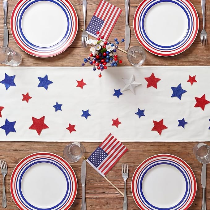 Artoid Mode Soft Chain Embroidery Patriotic Stars 4th of July Table Runner, Memorial Day Kitchen Dining Table Decoration for Home Party Decor 13x72 Inch
