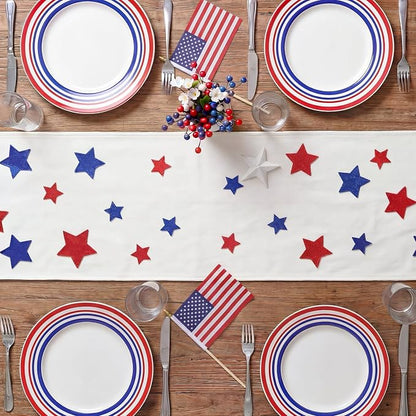 Artoid Mode Soft Chain Embroidery Patriotic Stars 4th of July Table Runner, Memorial Day Kitchen Dining Table Decoration for Home Party Decor 13x72 Inch