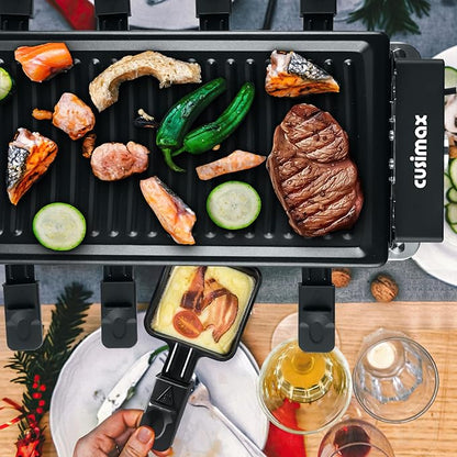 CUSIMAX Raclette Grill Korean BBQ Grill, Portable Raclette Table Grill Electric Grill with Non-stick Plate, Adjustable Temperature Control, Indoor Grill with Cool Touch Handles, 8 Cheese Trays for Fun