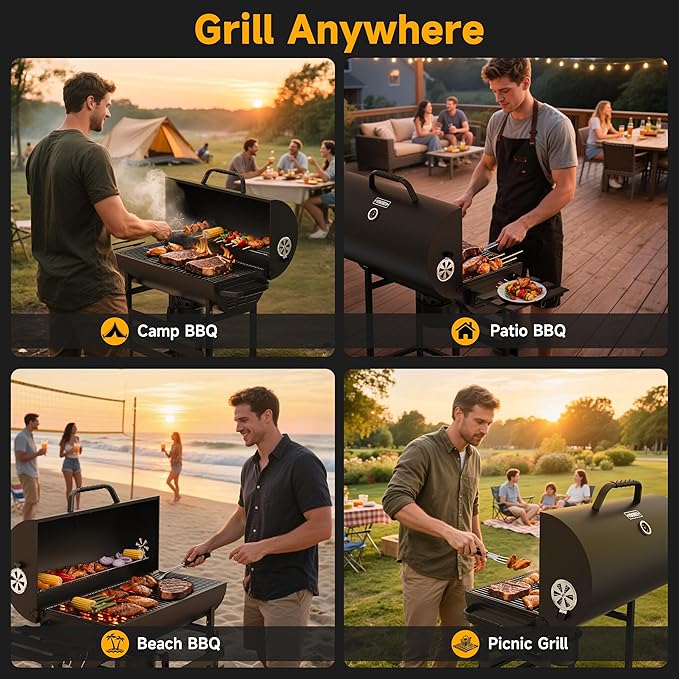 29" Barrel Charcoal Grill, Spacious Smoker Barrel Barbecue Grill with Side Front Table, Outdoor Barbecue Grills for Backyard, Camping, and Picnics, Black