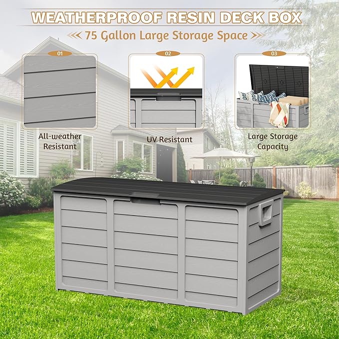 75 Gallon Outdoor Deck Storage Box, Heavy Duty Resin with Lockable Lid, UV Resistant for Patio Furniture, Garden Tools(Grey)