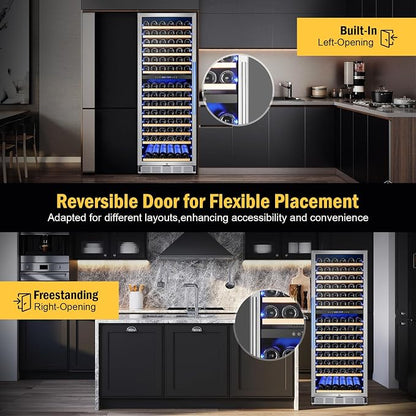 FoMup 24" 180-Bottle Dual Zone Wine fridge, Freestanding or Built-in | Sliding rail shelves, Reversible door, Professional cooling, Low noise, Glass door, Digital temp, Home or commercial use