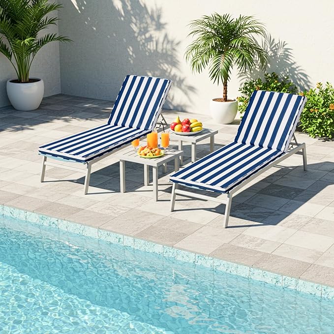 Chaise Lounge Cushions Outdoor Set of 2, 80"x26"x3" Patio Lounge Chair Furniture Cushions with Washable Covers for Pool, Patio, Lawn (Blue+White Stripes, 2 Pcs)
