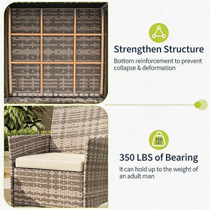 3-Piece Outdoor Furniture Set, PE Rattan Wicker Chairs with Soft Cushions & Tempered Glass Coffee Table - All-Weather Patio Set for Garden, Backyard, Porch, Poolside (Grey/Beige)