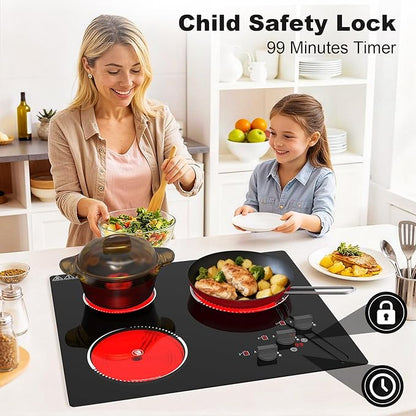 VBGK Electric Cooktop,24 inch 220V Electric Stove Top,Touch and Knob Control,LED,9 Power Levels, Kids Lock &Timer,Overheat Protection,5000W 3 burner cooktop.