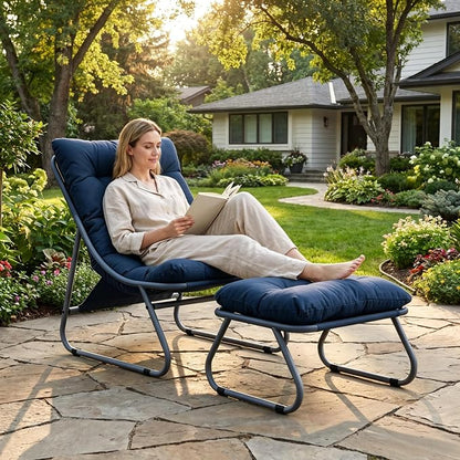 Rocking Chair with Ottoman, Modern Metal Frame Outdoor Rocker, Comfy Patio Lounge Chair with Footrest, Reading Glider Chairs for Living Room, Bedroom, Balcony, Garden, Relax, Navy Blue