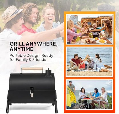 Outvita Portable Charcoal Grill with Thermometer, Dual-Sided Small Tabletop Barbecue Grill for Outdoor Camping BBQ Cooking Backyard Party, Heavy Duty, Easy Assembly (Black)