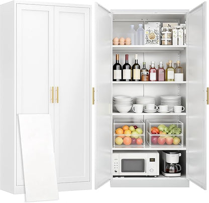 CJF White Kitchen Pantry Cabinet,71 Inch Tall Metal Storage Cabinet with 4 Adjustable Shelves and Doors, Freestanding Pantry Cabinet for Kitchen, Living Room, Dining Room, Bathroom, Easy to Assemble