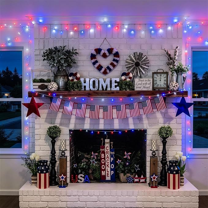 JMEXSUSS 400 LED Red White and Blue String Lights Outdoor, Plug in | 132FT 4th of July Lights Indoor, 8 Modes Patriotic String Light for Memorial Day Independence Day Decoration, with Remote