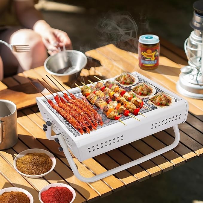 Barbecue Charcoal Grill Tabletop Charcoal Grill With Handle Portable BBQ Grill Outdoor Barbecue Grill For Camping Picnic Portable Charcoal Grill(White), 43*31*22cm