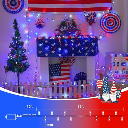 QITONG 4th of July String Lights Outdoor Waterproof, 66ft 200 LED Red White and Blue Patriotic Lights with Plug in, Green Wire Twinkle Tree Lights with 8 Modes