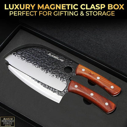 SliceElite 2PCS Hand-Forged Chef Knife Set | Serbian & Cleaver Knives for Meat & Veg Cutting | Professional Kitchen Knife with Gift Box for BBQ Cooking