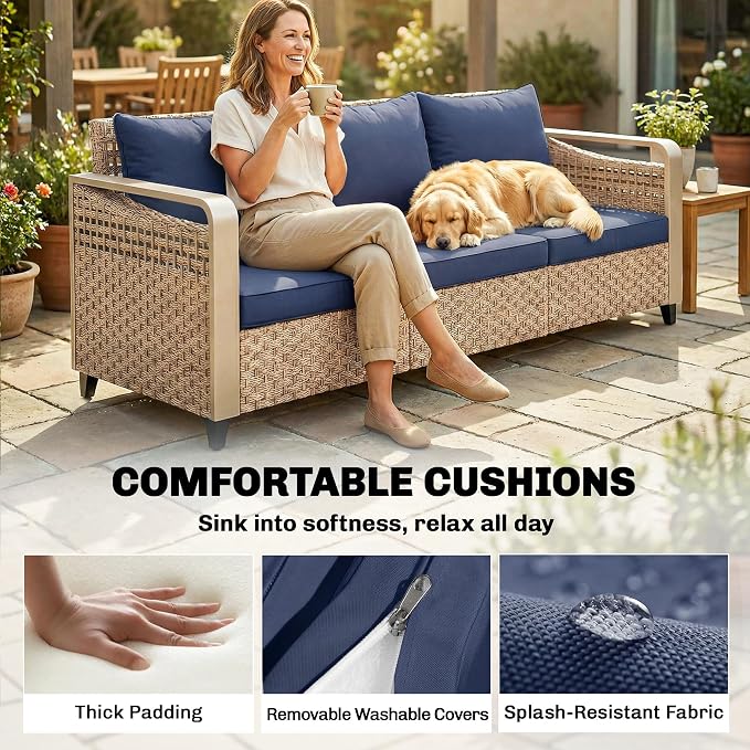 Outsunny Outdoor Patio Couch with Wide and Deep Seat, 3 Seater Wicker Outdoor Sofa with Wide Metal Armrests, Patio Furniture Couch with Cushions for Porch, Garden, Backyard, Dark Blue | Removable Covers