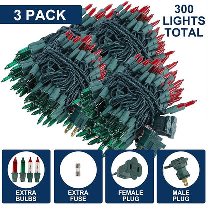 3Pack Red&Green Christmas String Lights, 100 Count Incandescent Mini Lights | Connectable Xmas Tree Light for Indoor Outdoor Garland Birthday Holiday Wedding Festival Party