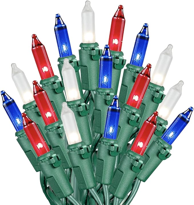 Novelty Lights 50 Feet 100 Bulbs Traditional Incandescent Mini Lights, Red/White/Blue on Green Wire with 6" Spacing, Commercial Grade and UL Listed for Indoor/Outdoor Use, End-to-End Connectable