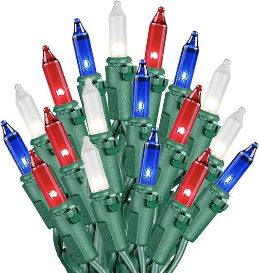 Novelty Lights 50 Feet 100 Bulbs Traditional Incandescent Mini Lights, Red/White/Blue on Green Wire with 6" Spacing, Commercial Grade and UL Listed for Indoor/Outdoor Use, End-to-End Connectable